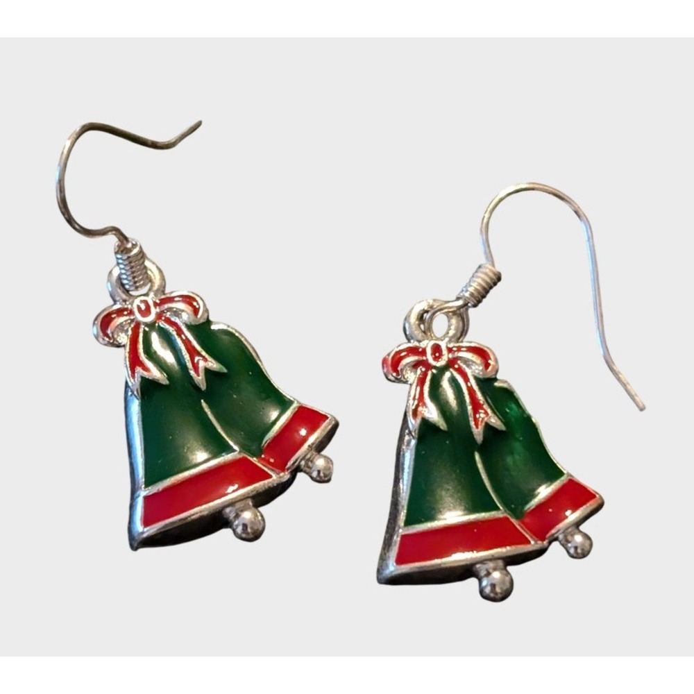 Vintage Christmas Pierced Earrings Holiday Enamel Double Bell Red Bow Drop